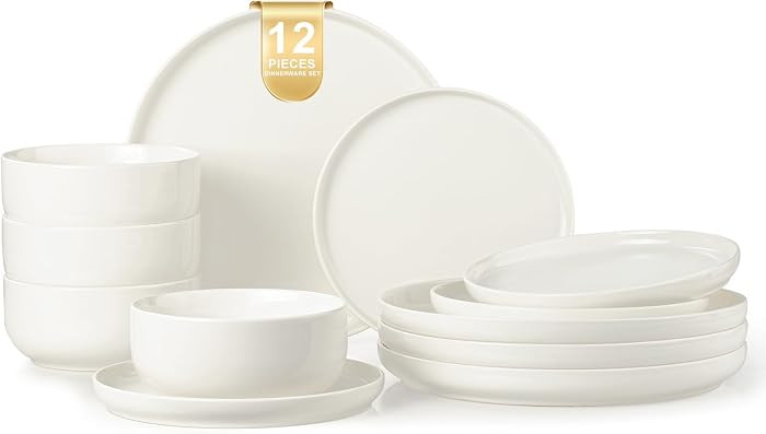 EWFEN Plates and Bowls Sets, 12 Pieces Ceramic Dinnerware Set for 4, Stoneware Dishware Dishes Set, Scratch Resistant Dishes Set, Dishwasher & Microwave Safe, White | Amazon (US)