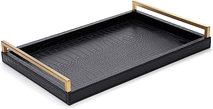 Amazon.com: WV Serving Tray Faux Black Crocodile Leather with Brushed Gold Stainless Steel Handle... | Amazon (US)