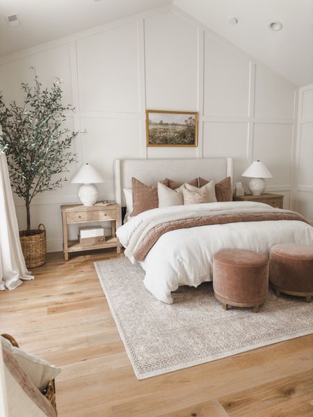 Primary bedroom refresh featuring pops of pink, creamy whites, and neutral wood tones! Really loving the pop of color with these rosewood ottomans at the end of the bed. 

Bedroom refresh, home finds, spring refresh, light and bright, aesthetic home, neutral home, Pottery Barn style, neutral area rug, upholstered bed, nightstand faves, faux tree, lamp finds, throw pillow, throw blanket, Becki Owens rug, my home style, pops of pink, creamy whites, neutral wood tones, shop the look!

#LTKSeasonal #LTKhome #LTKstyletip
