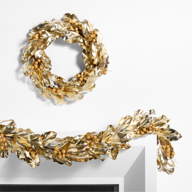 Faux Golden Magnolia Holiday Wreath & Garland Set | Crate & Barrel | Crate & Barrel