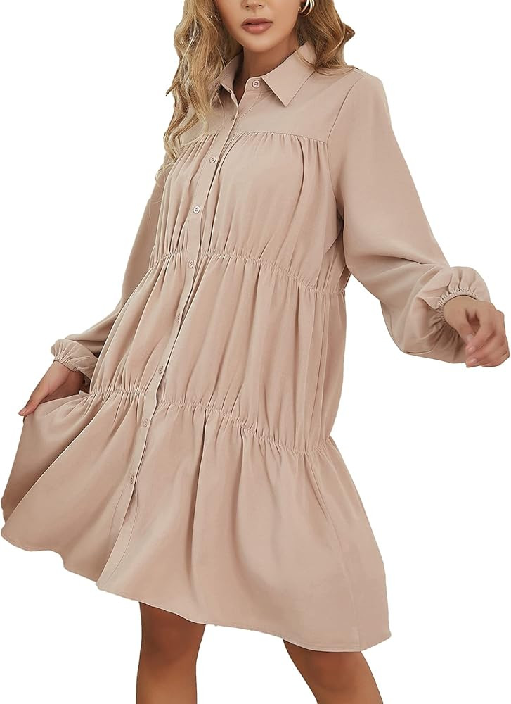 Amazon Fashion Women Tiered Babydoll Dress Button Up Long Sleeves Collared Short Dresses | Amazon (US)