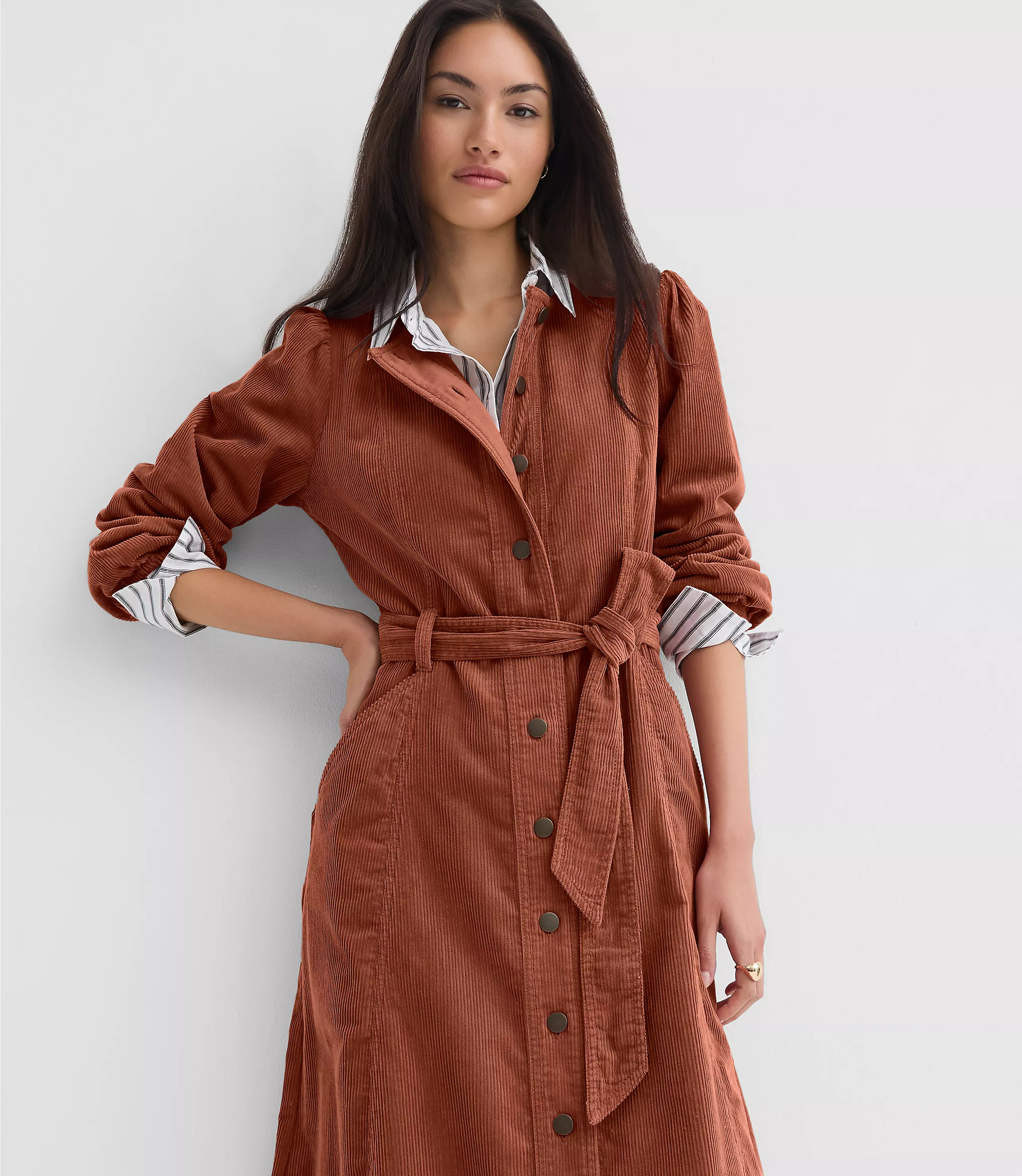 Corduroy Seamed Belted Midi Pocket Dress | LOFT