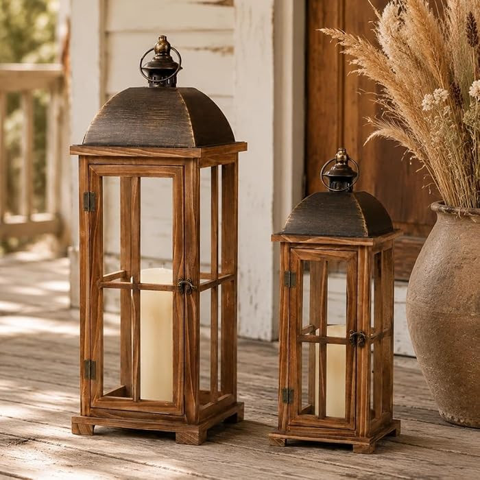 Large Decorative Lanterns, 2 Pack Farmhouse Wood Lanterns Indoor Outdoor | Amazon (US)