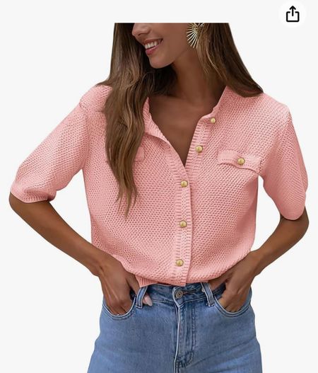 Short sleeved knit cardigan with gold buttons 

Amazonn

#LTKFindsUnder50 #LTKWorkwear #LTKOver40