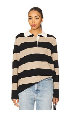 White + Warren Cashmere Rugby Stripe Polo in Taupe/black from Revolve.com | Revolve Clothing (Global)