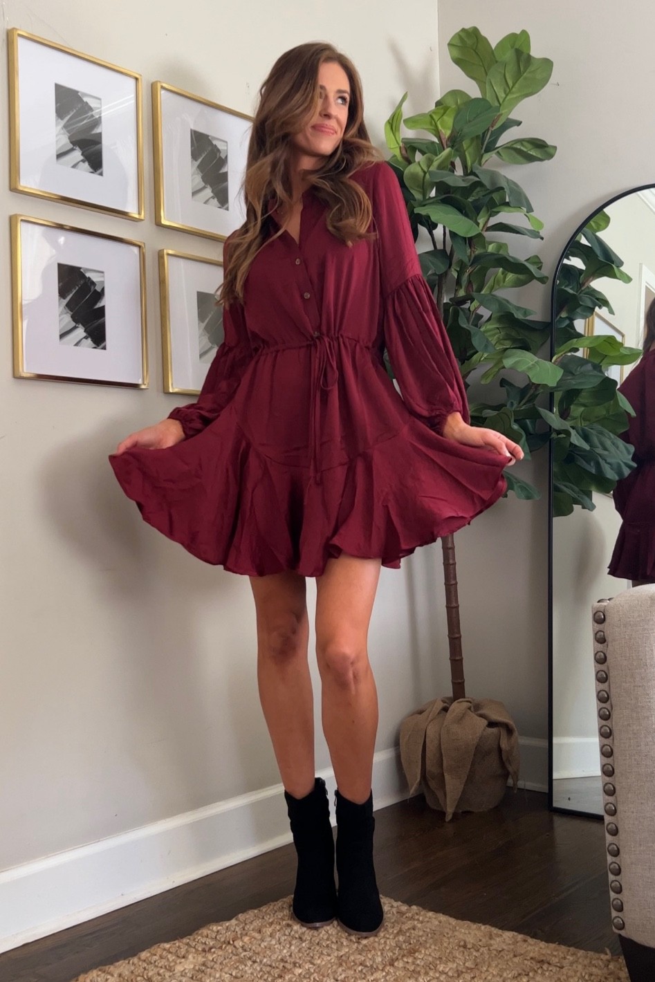 Maroon gameday dress 🖤 

Football game outfit, black booties, longsleeve burgundy dress, fall outfit 

#LTKunder100