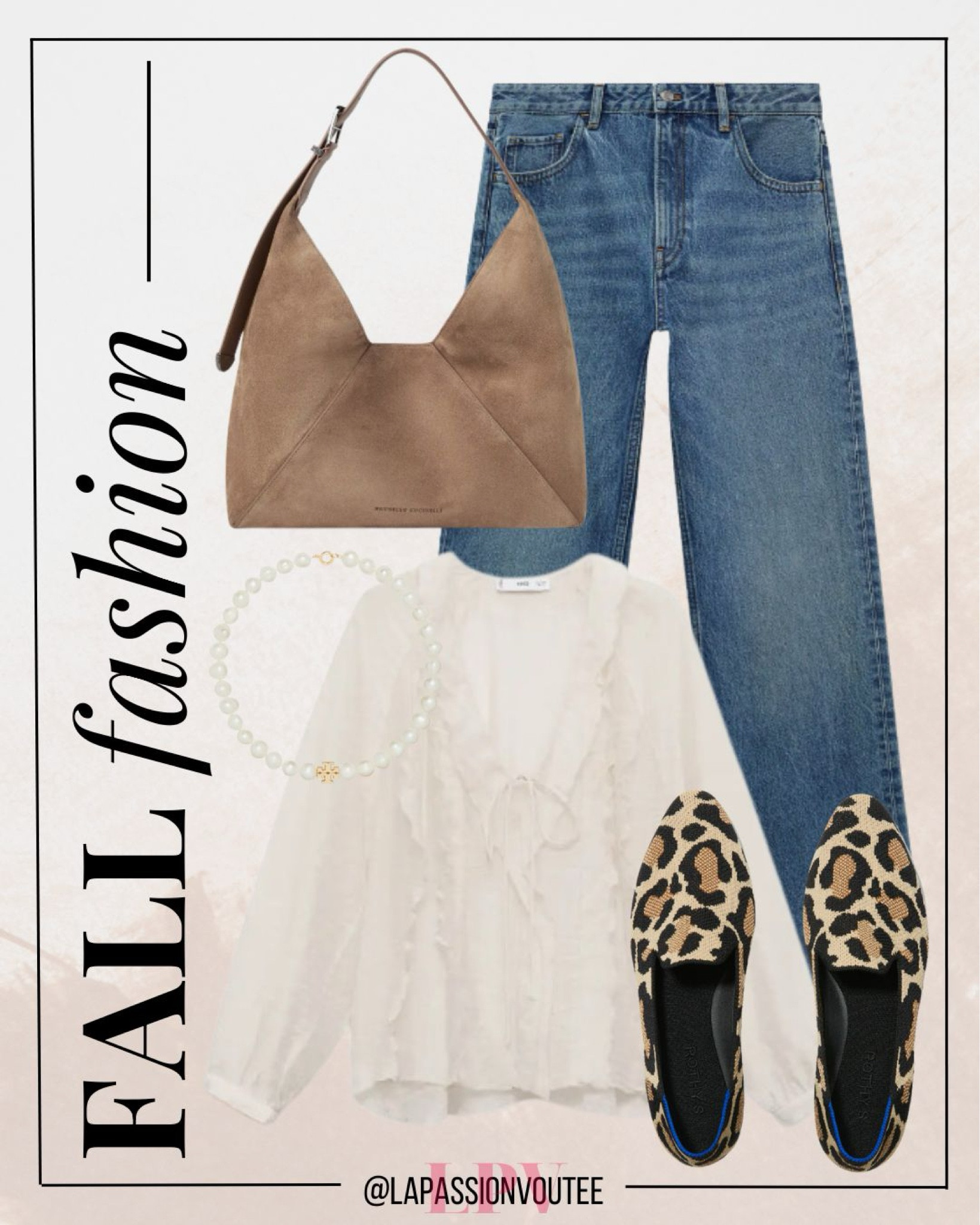 Add a playful touch to your fall wardrobe with a ruffle V-neck top and straight-leg jeans, paired with a pearl-beaded necklace, a suede hobo bag, and statement animal print loafers for a chic and fun look.

#LTKStyleTip #LTKSeasonal