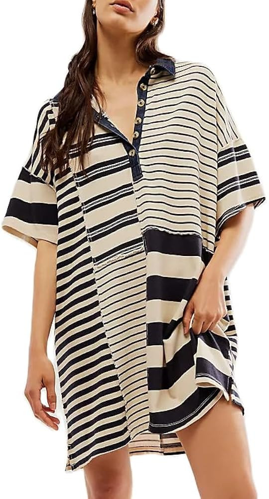 Women Contrast Striped Babydoll Dress Y2k Summer Patchwork Mini T- Shirt Dress Vintage V Neck Sho... | Amazon (US)