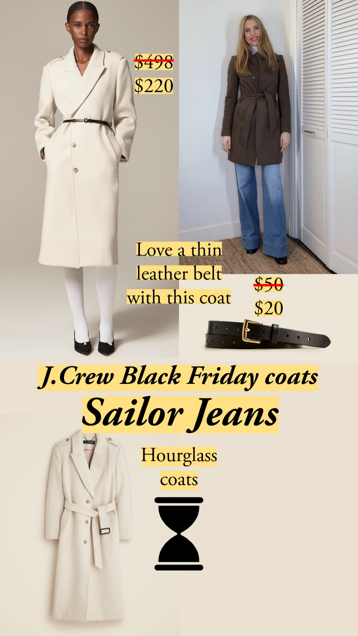 J.Crew discount: 40% off full price with code SHOPEARLY

The hourglass shape is gorgeous, and it’s something I want to echo with my jeans rather than contrast. Sailor jeans will continue the hourglass silhouette, and the result is a cohesive look.

An hourglass coat will have stronger shoulders and a nipped-in waist. I love the styling here with the slim leather belt.

I am wearing the Dani Beca wash in the High-rise sailor denim trouser in 1996 semi-stretch, size 25. My usual size is 26, but these were too big for me in 26.

My size: 5’7”, usually 26 jeans, 0-4 in US sizes.

#wintercoats #tailoredcoats #sailorjeans #classicstyle #jcrew

#LTKStyleTip #LTKSeasonal #LTKCyberWeek