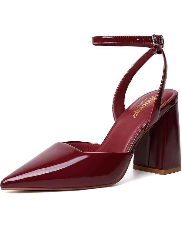 RIBONGZ Block Heels for Women Closed Pointed Toe Heeled Slingback Chunky High Heel Ankle Strap Pu... | Amazon (US)