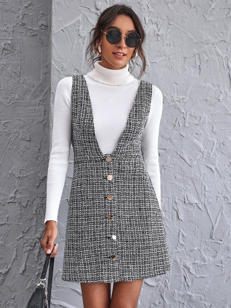 SHEIN Button Front Tweed Overall Dress | SHEIN
