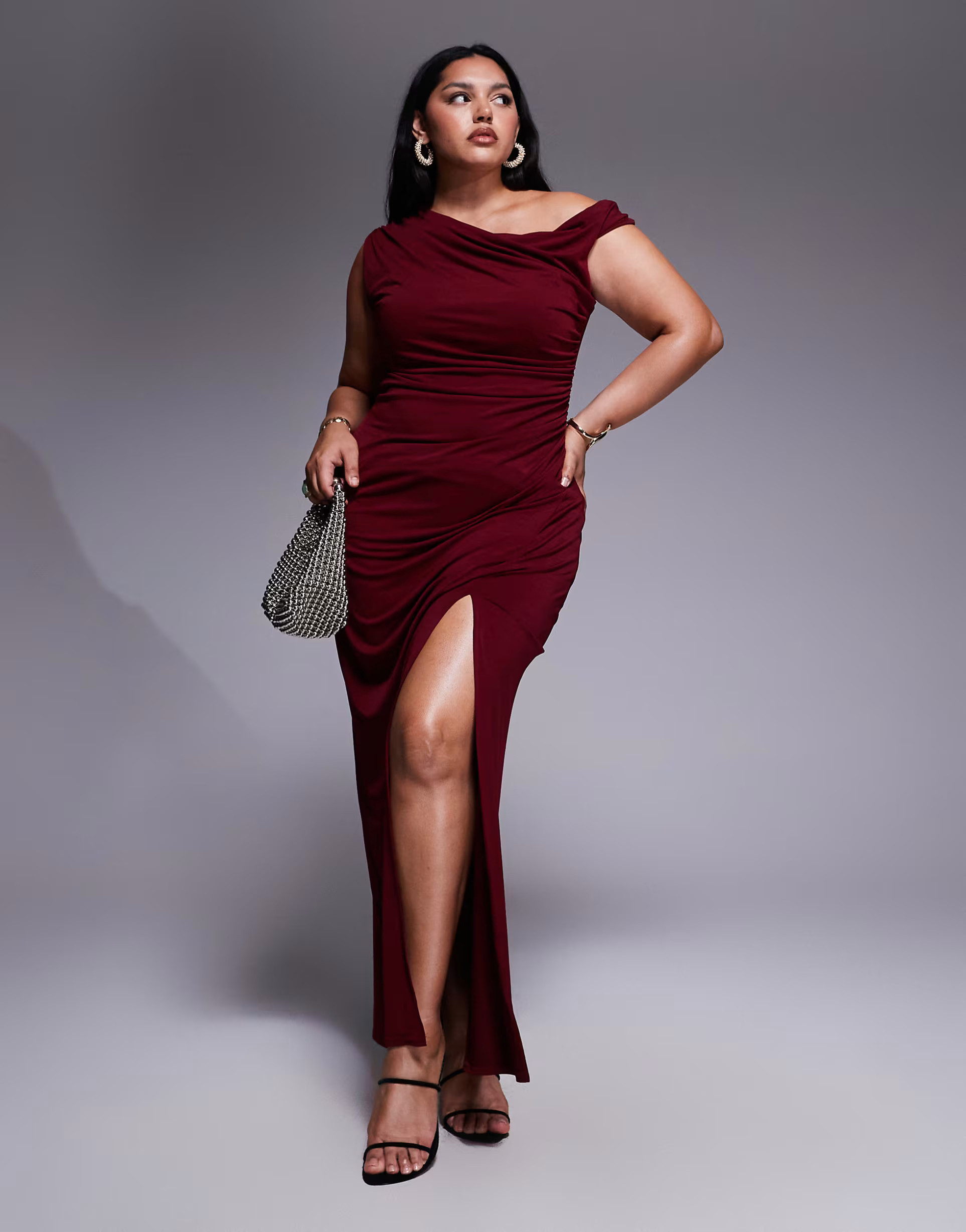 TFNC Plus one shoulder midaxi dress with thigh split in cherry | ASOS (Global)