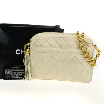 CHANEL CC Matelasse Tassel Chain Shoulder Bag Leather Ivory GHW Vintage 23RK412 | eBay US