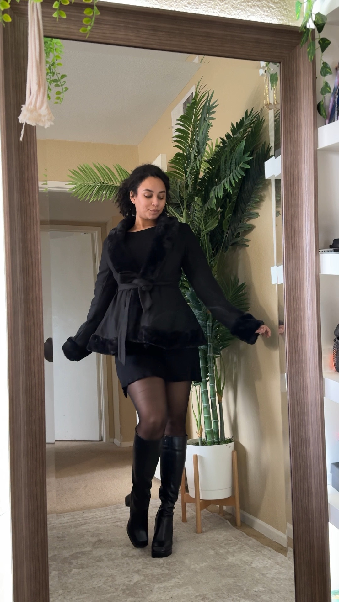 Shein all black outfit inspo: leather boots, sheer leggings, trench coat, black winter dress

#LTKstyletip #LTKSpringSale #LTKSeasonal