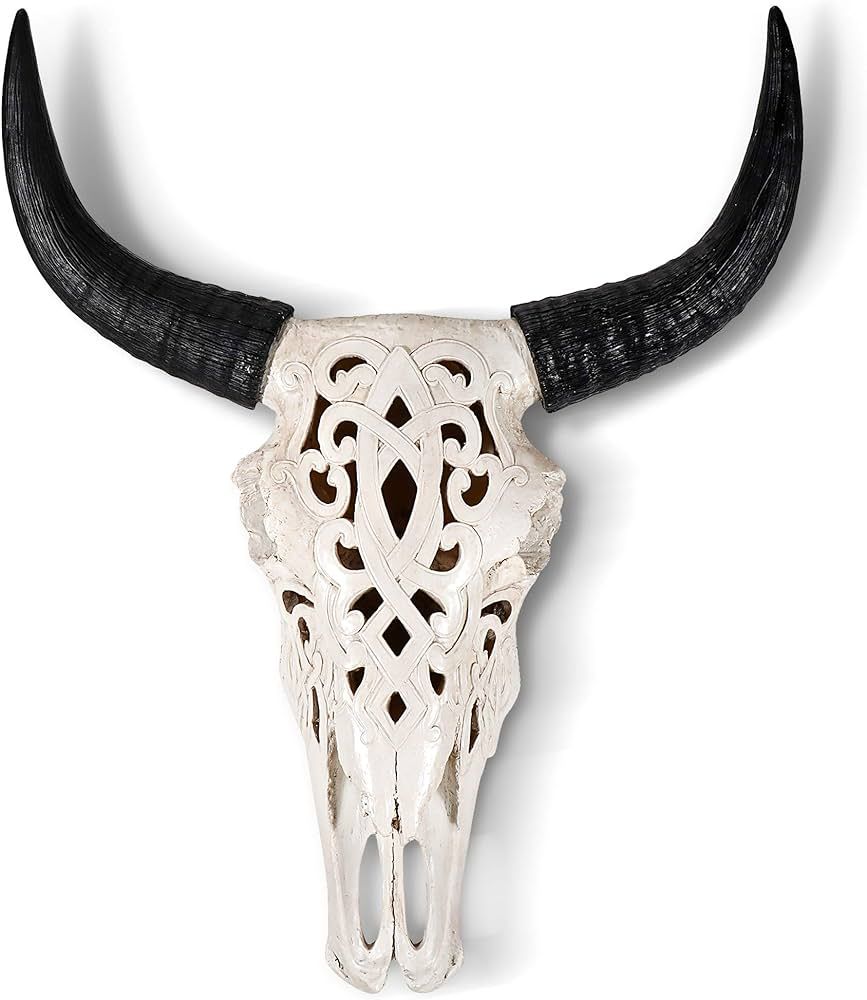 WALL CHARMERS Cow Skull Carved White + Black Faux Steer Skull - 19" Faux Taxidermy Animal Head Wa... | Amazon (US)