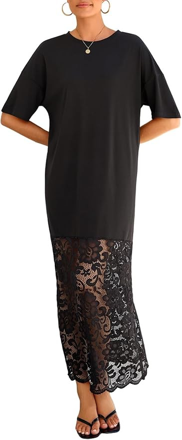 LOLONG Womens Short Sleeve Lace Patchwork Maxi Dress Summer 2026 Crew Neck Casual Long Dresses | Amazon (US)
