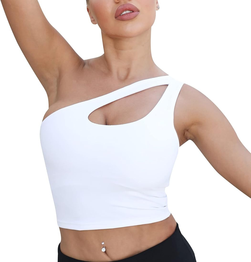 Left One Shoulder Sports Bra, Sexy Cute Workout Yoga Top Padded Removable Post-Surgery Wirefree M... | Amazon (US)