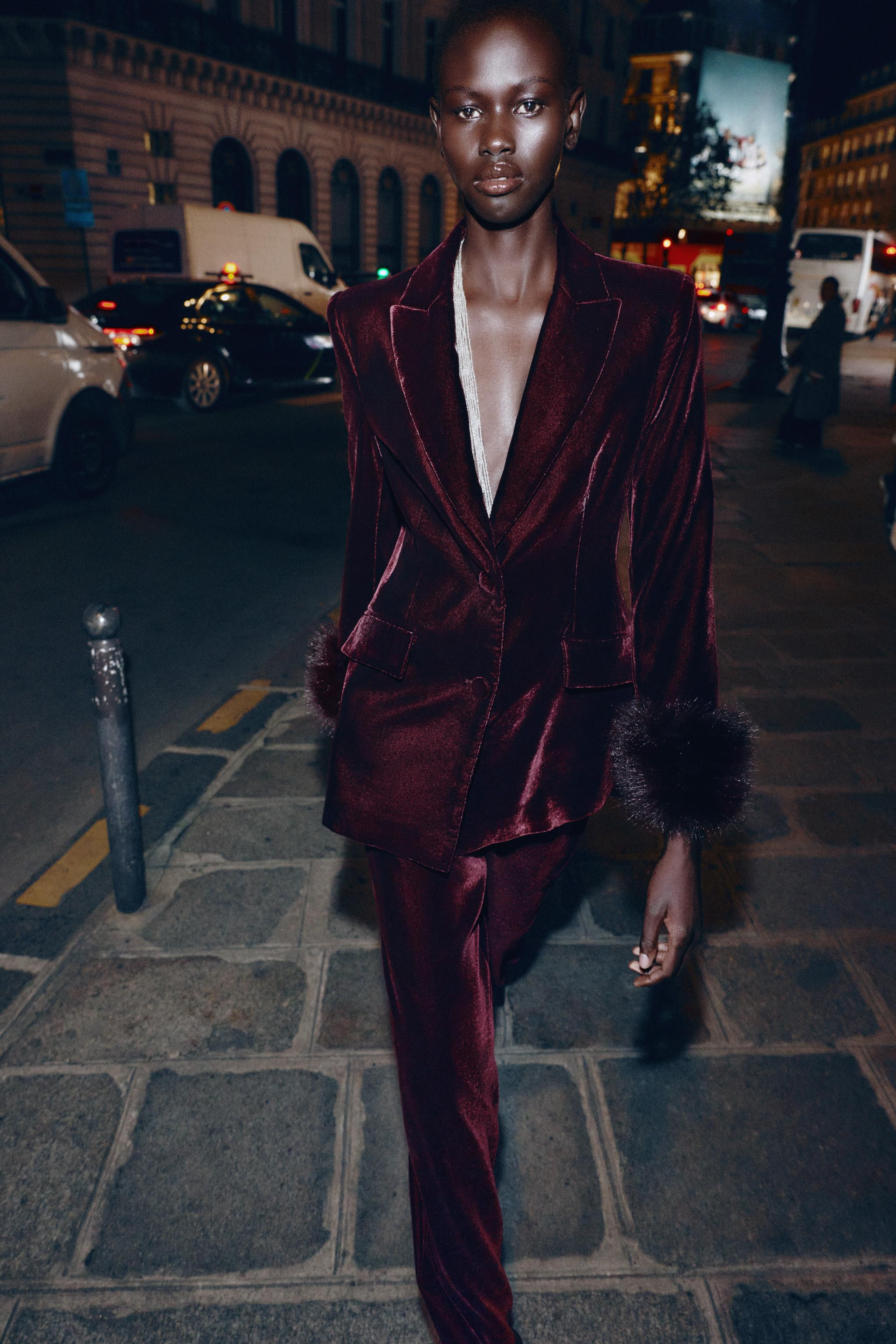 VELVET BLAZER WITH FAUX FUR CUFFS | Zara US