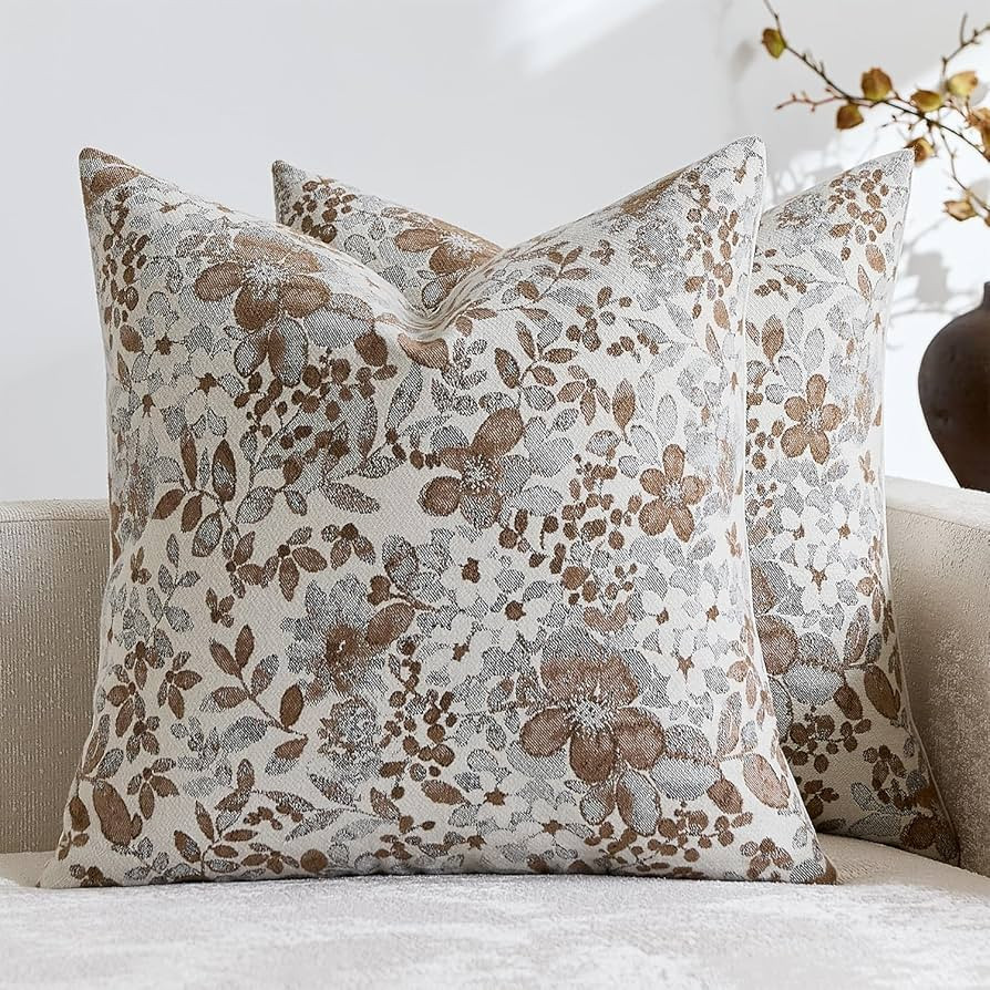 Vintage Floral Throw Pillow Covers 18x18 Pack of 2 Country Farmhouse Accents Chenille Jacquad Dec... | Amazon (US)