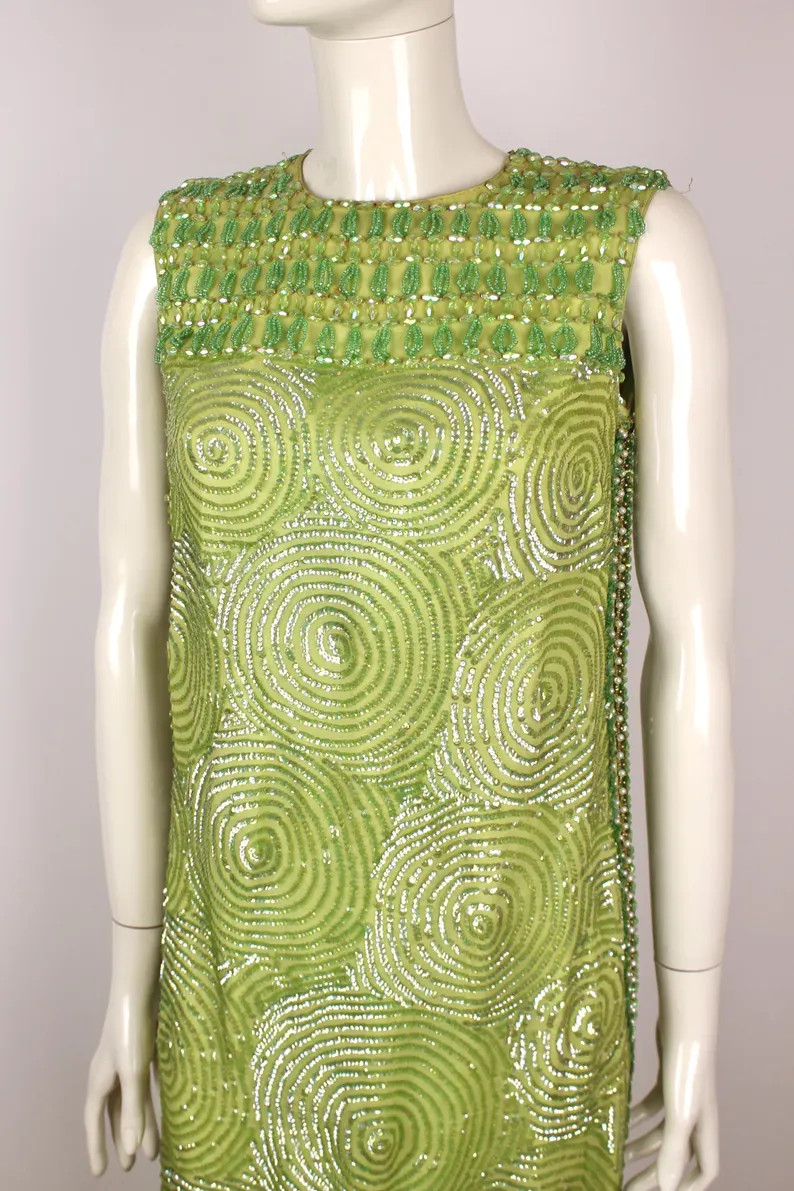 1960s Vintage Heavily Beaded Green Long Dress // size M-L | Etsy (Global)