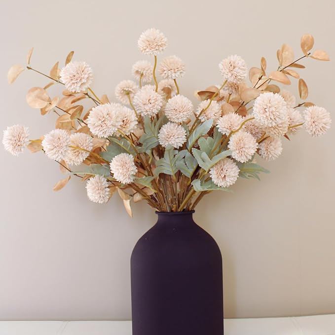Beige Flowers Artificial + Eucalyptus, Fake Mums Long Stem Flowers, Tan Nude Cream Neutral Flower... | Amazon (US)