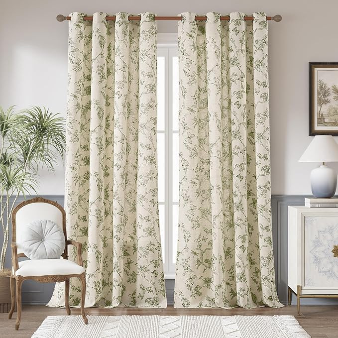 jinchan Floral Linen Curtains for Living Room 96 Inch Length Butterfly Curtain Sage Green Floral ... | Amazon (US)