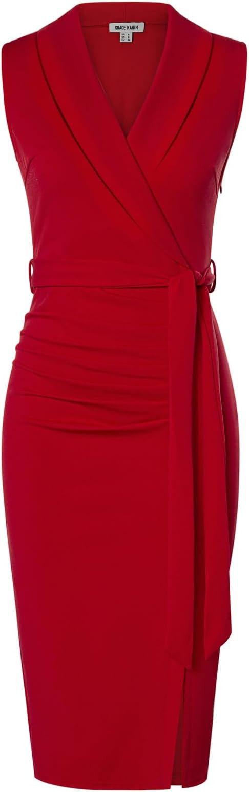 GRACE KARIN Women's Wear to Work Sleeveless Ruched Bodycon Office Pencil Midi Dresses with Belt | Amazon (US)
