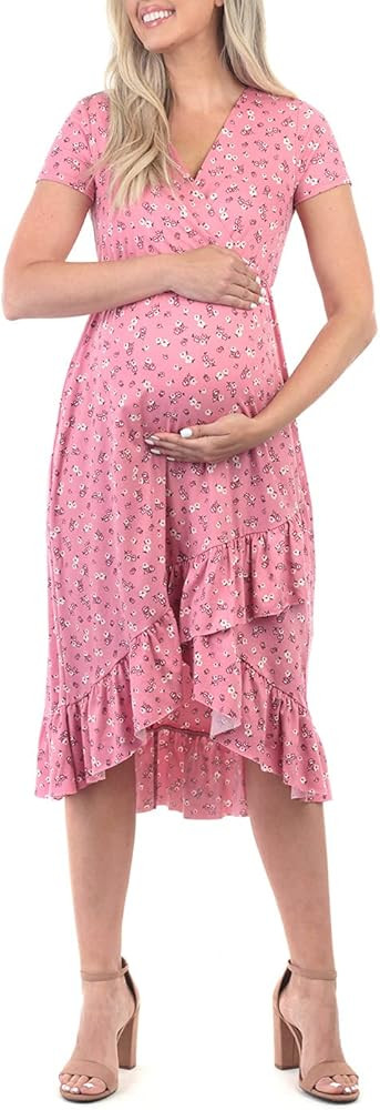 Mother Bee Maternity Short or 3/4 Sleeve Hi-Low Ruffle Faux Wrap Dress | Amazon (US)