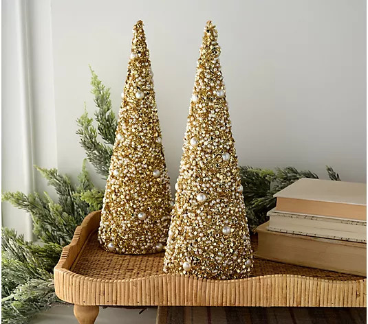 Set of 2 Pearl and Glitter Cone Trees by Valerie - QVC.com | QVC