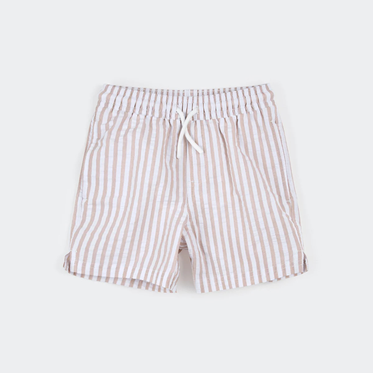 Taupe Stripe Seersucker Swim Trunks | Petit Lem