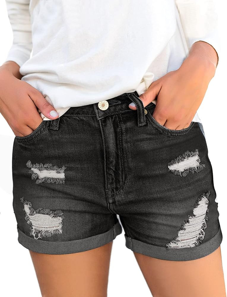 luvamia Women's Ripped High Waisted Denim Shorts Stretchy Cuffed Hem Jean Shorts | Amazon (US)