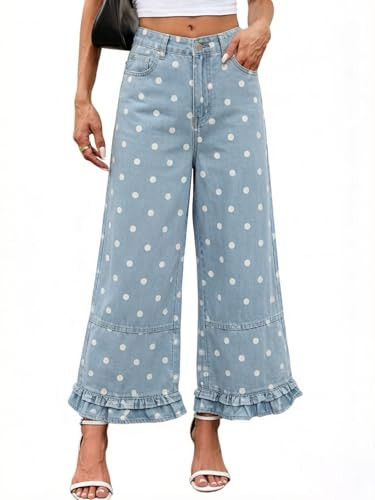 CHARTOU Ruffle Hem Bell Bottom Jeans for Women Polka Dot Ankle Baggy Jeans Crop Denim Wide Leg Pa... | Amazon (US)