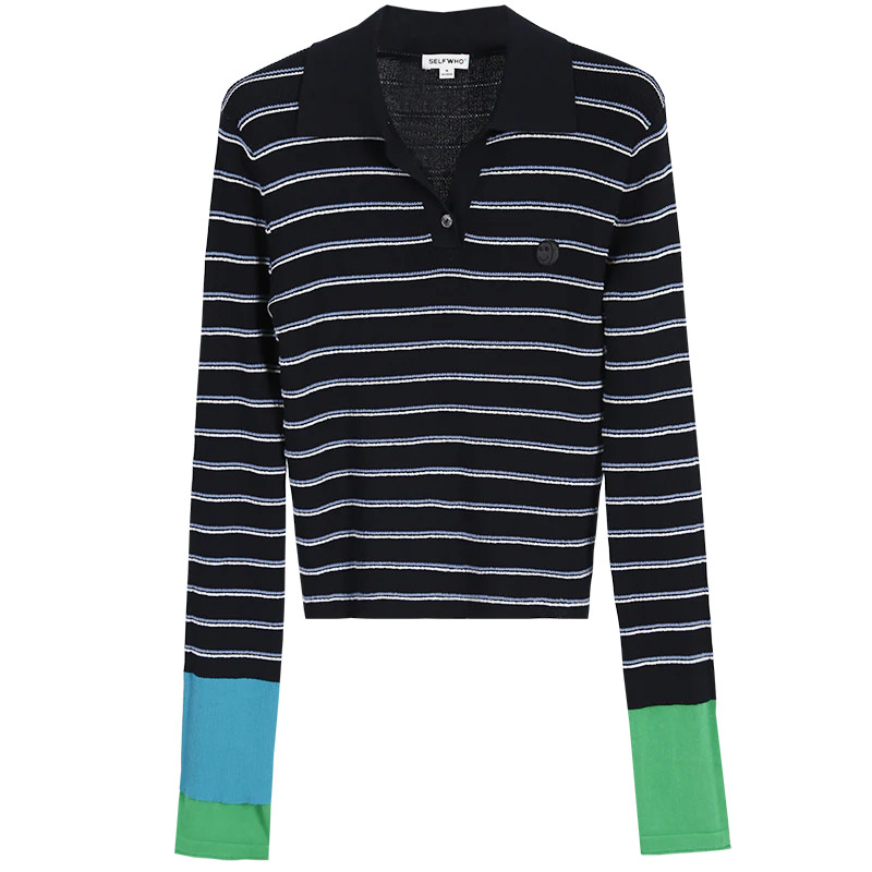Black Striped Polo Shirt Slim Fit V-Neck Bottoming Shirt | SELFWHO