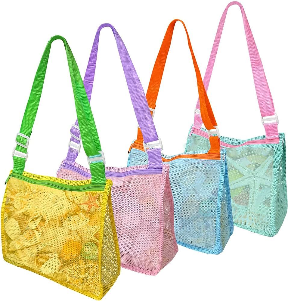Kiddisie Beach Toys Mesh Beach Bag Kids Shell Collecting Bag Totes with Zipper for Holding Shells... | Amazon (US)