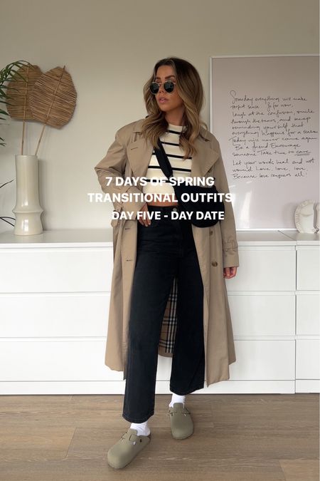 Spring transitional outfit styling a trench coat with striped top, crossbody bag and asos cropped jeans and birkenstock bostons. 

#LTKeurope #LTKstyletip #LTKunder50