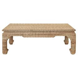 Worlds Away Guinevere Coastal Beach Brown Woven Rattan Rectangular Coffee Table | Kathy Kuo Home