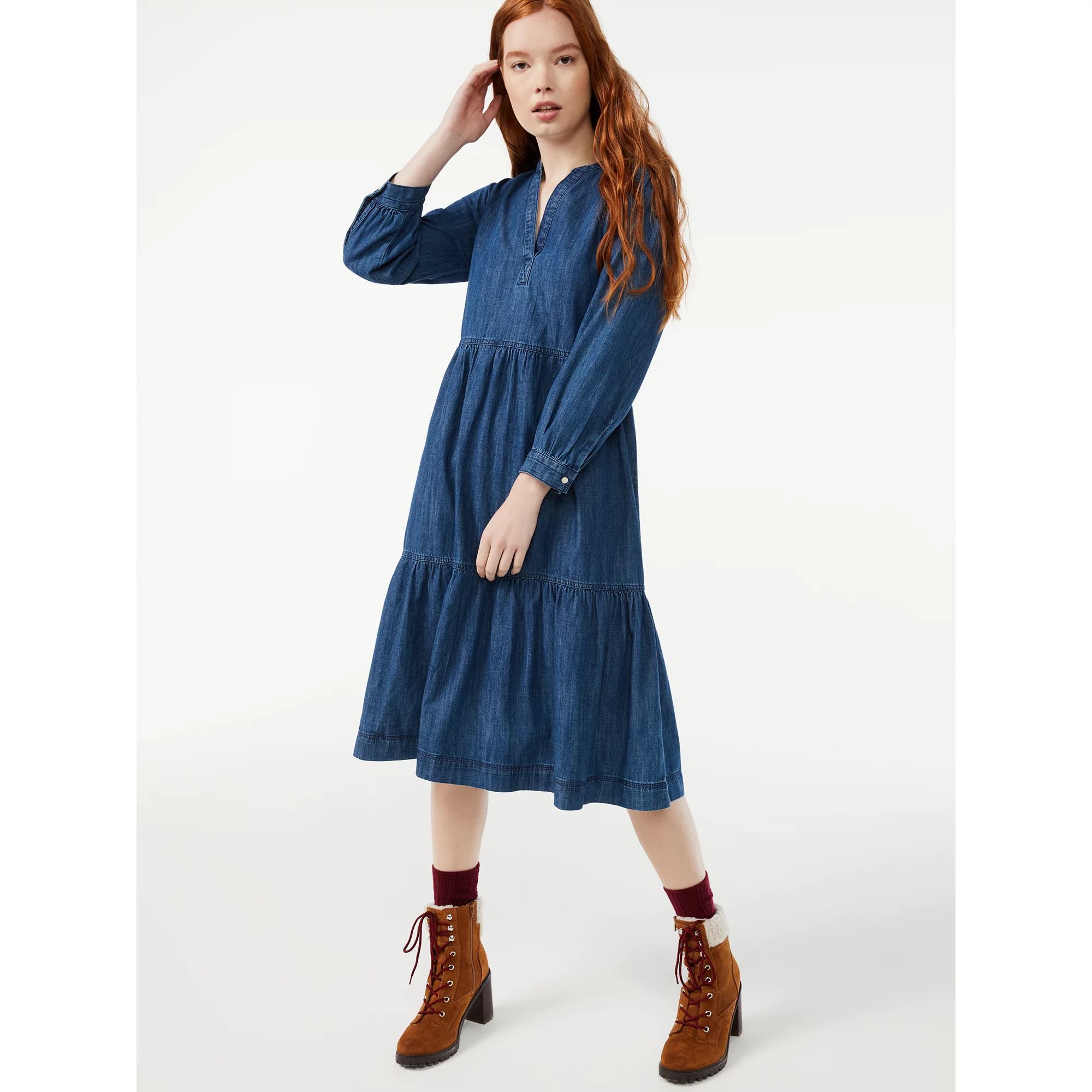 Free Assembly Women's Tiered Maxi Dress with Long Sleeves | Walmart (US)