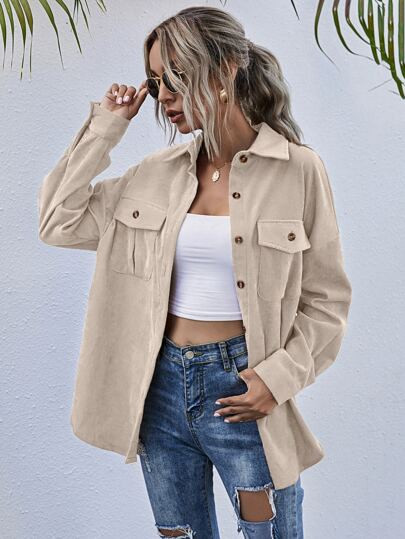 Flap Pocket Drop Shoulder Curved Hem Button Front Corduroy Coat | SHEIN