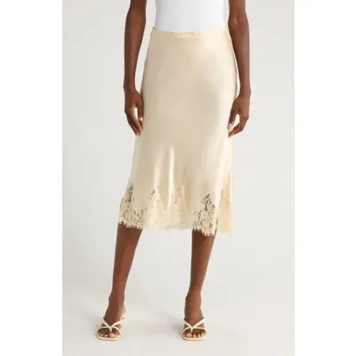 Reformation Carolina Lace Trim Silk Midi Skirt in Black Bean at Nordstrom, Size Large | Nordstrom