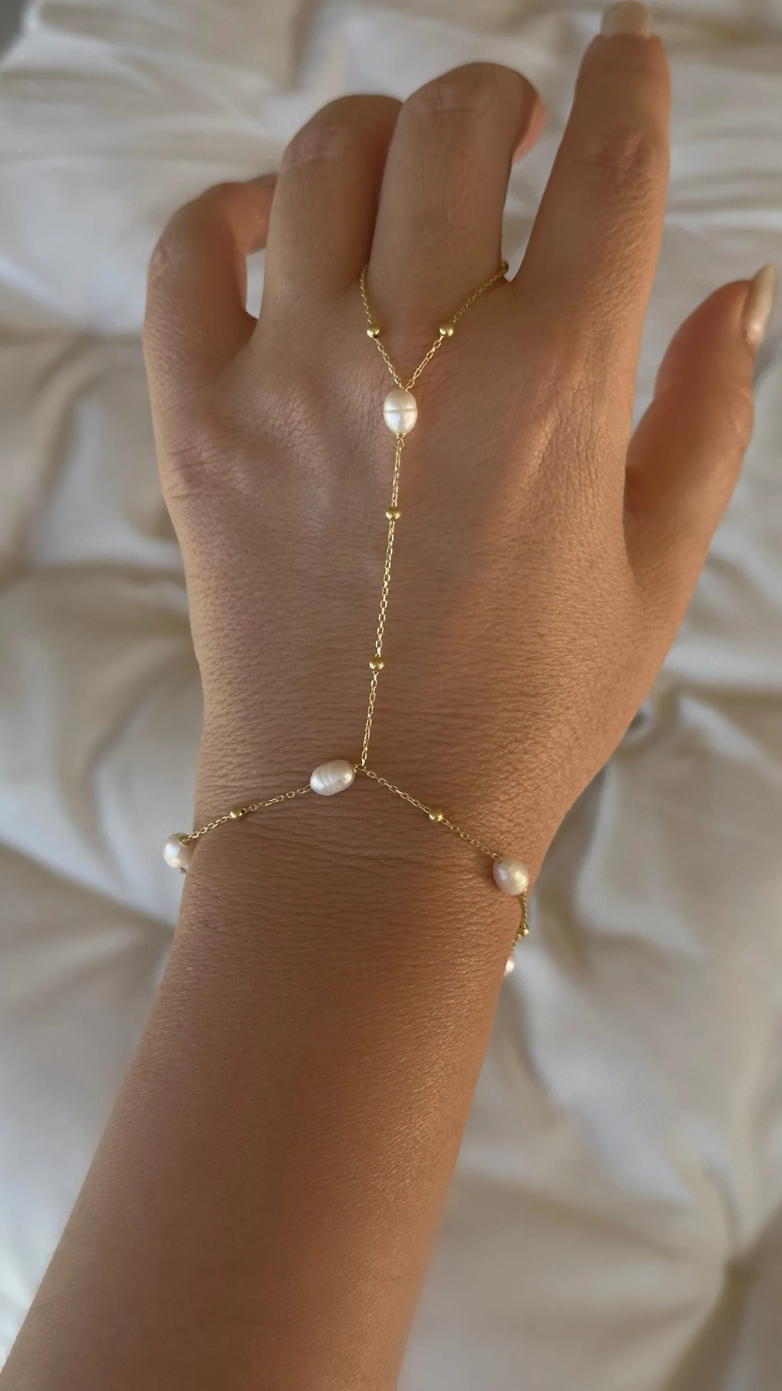 925 Silver Hand Chain, Pearl Finger Bracelet, CZ Stone Diamond Slave Bracelet Ring, 14k Gold Rose... | Etsy (US)