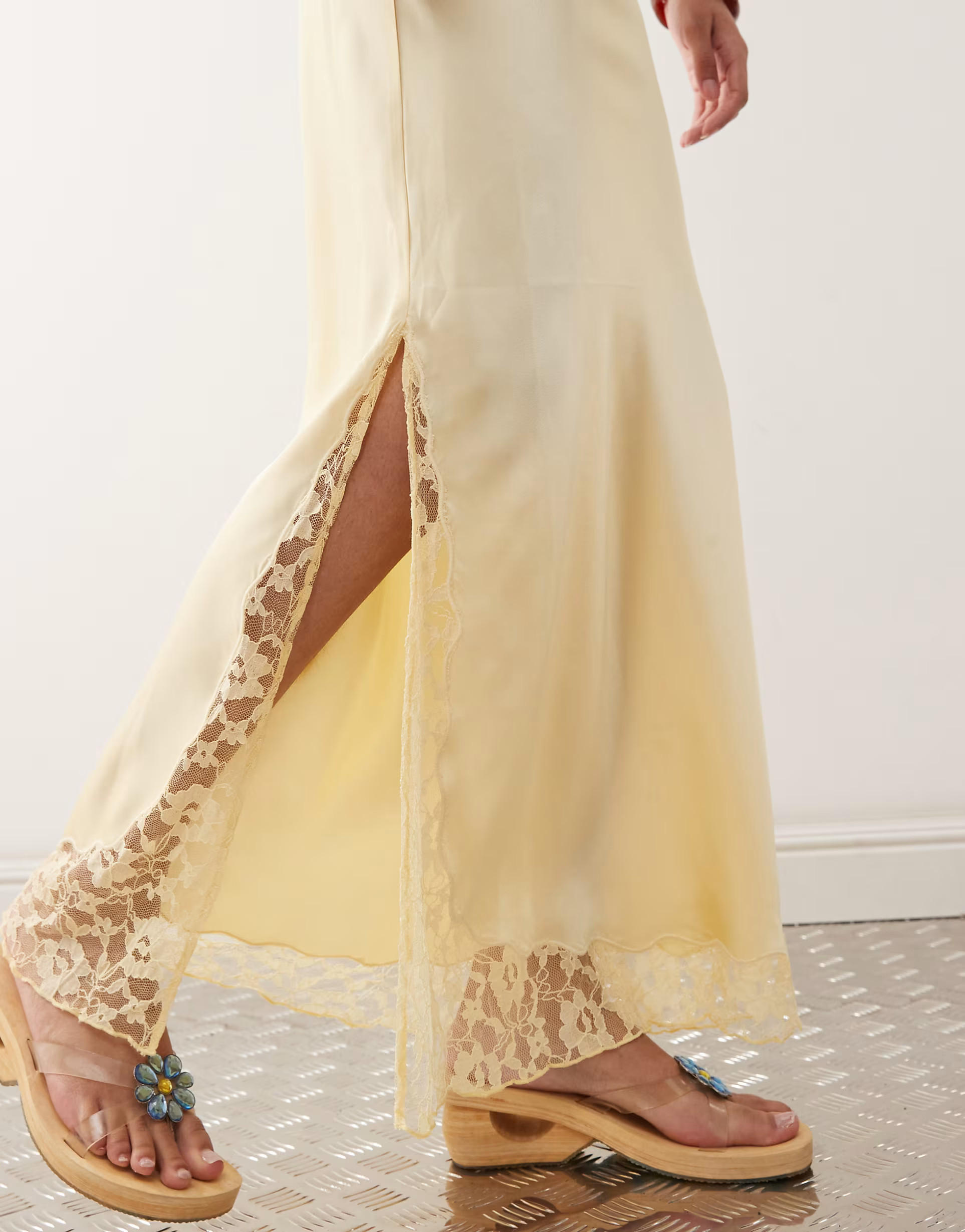 Reclaimed Vintage satin midi skirt with lace trim in buttermilk yellow | ASOS (Global)
