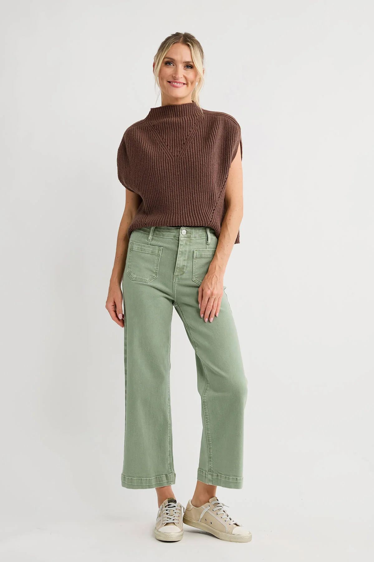 Risen Cropped Patch Pocket Olive Jeans | Social Threads