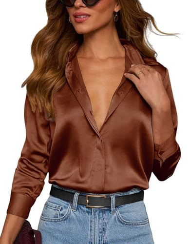Neweek Womens Soft Satin Silk Button Down Silky Long Sleeve Work Shirt Collared Loose Blouses Tops Coffee | Amazon (US)