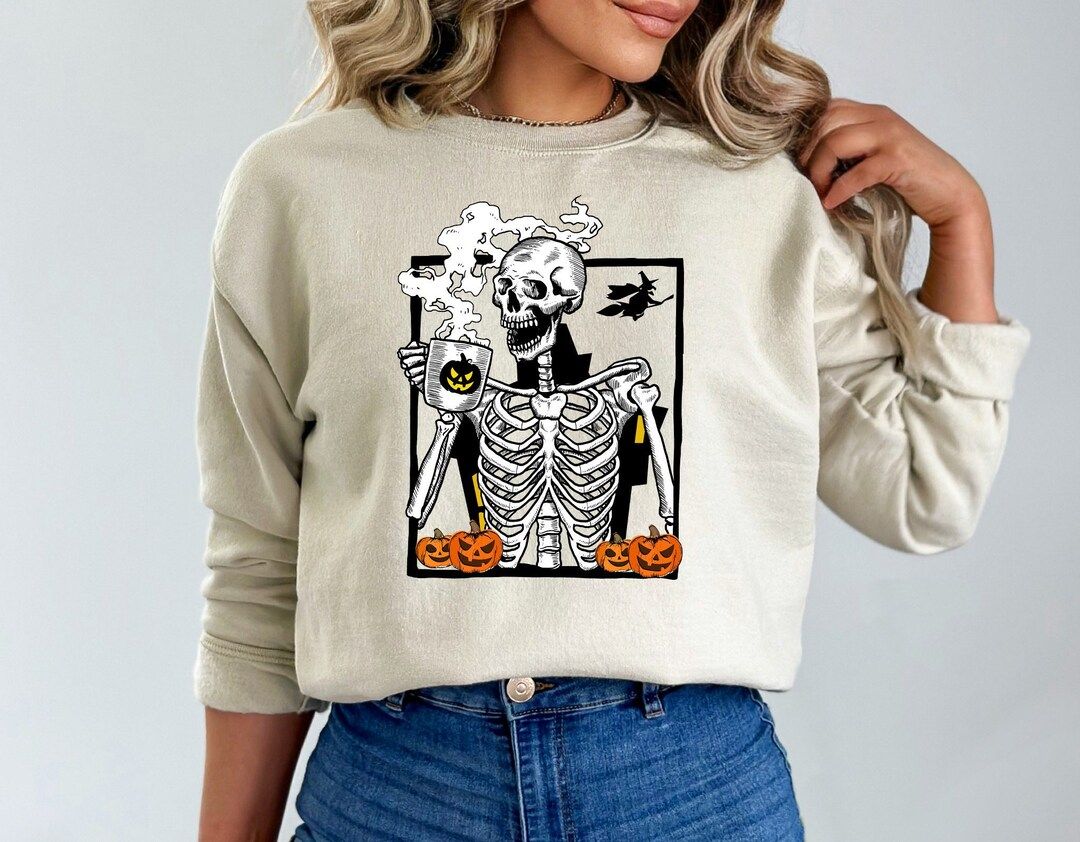 Skeleton Coffee Cups Sweatshirt, Halloween Coffee Sweatshirt, Fall Skull Coffee Sweatshirt, Coffe... | Etsy (US)