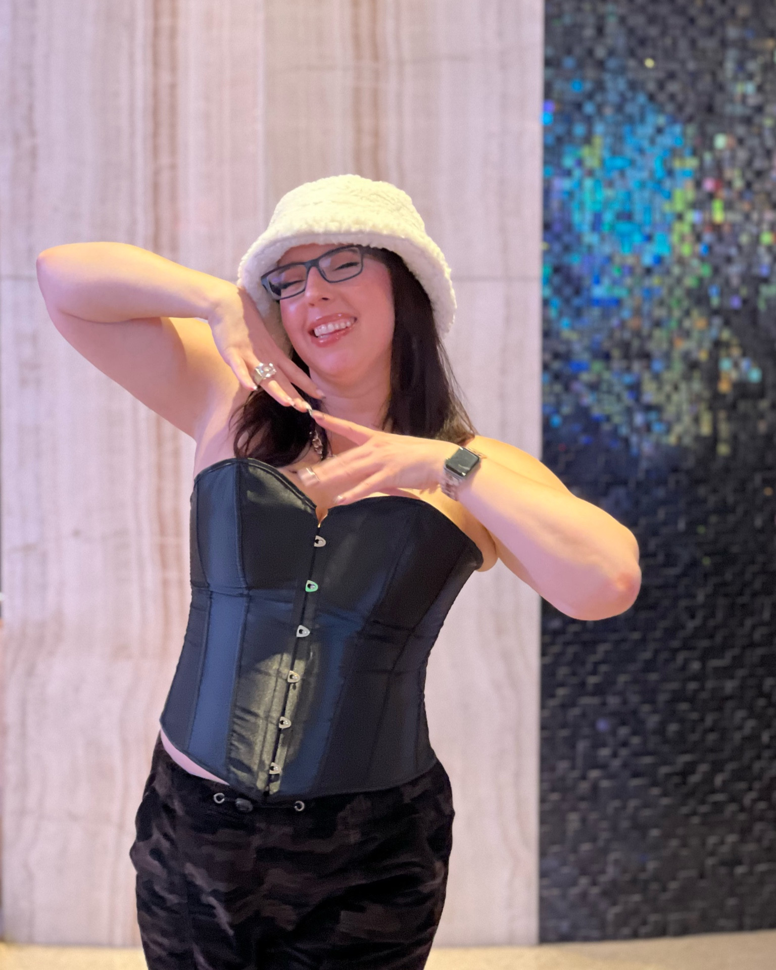 Pamela Anderson inspired Halloween look / black corset / fleece bucket hat / camo corduroy parachute pants 

#LTKHalloween #LTKParties #LTKMidsize