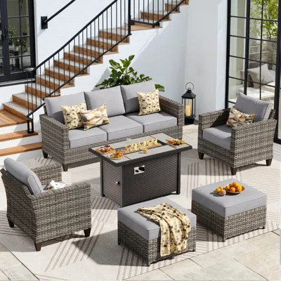 7 - Person Patio Furniture Set With Chairs, Outdoor Wicker Rattan Seating Group With Cushions, All Weather Sofa Conversation Set With Fire Pit Table F | Wayfair North America