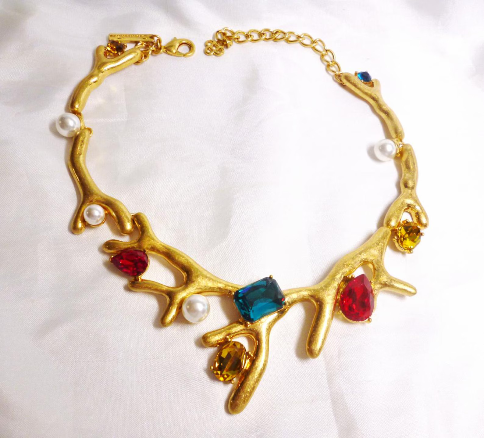 Oscar De La Renta Necklace Coral Design Rainbow Red, Blue & Amber Rhinestones, Faux Pearls Choker... | Etsy (US)