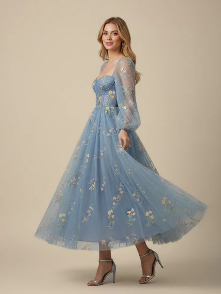 Blue 1930s Floral Embroidered Mesh Long Sleeve Dress | Retro Stage