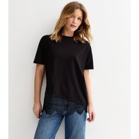 Women's Black Cotton Scalloped Lace T-Shirt New Look | New Look (UK)