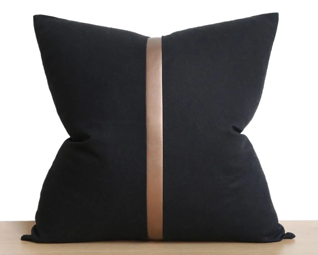 Black Linen and Gilt Faux Leather Pillow Cover | Coterie, Brooklyn